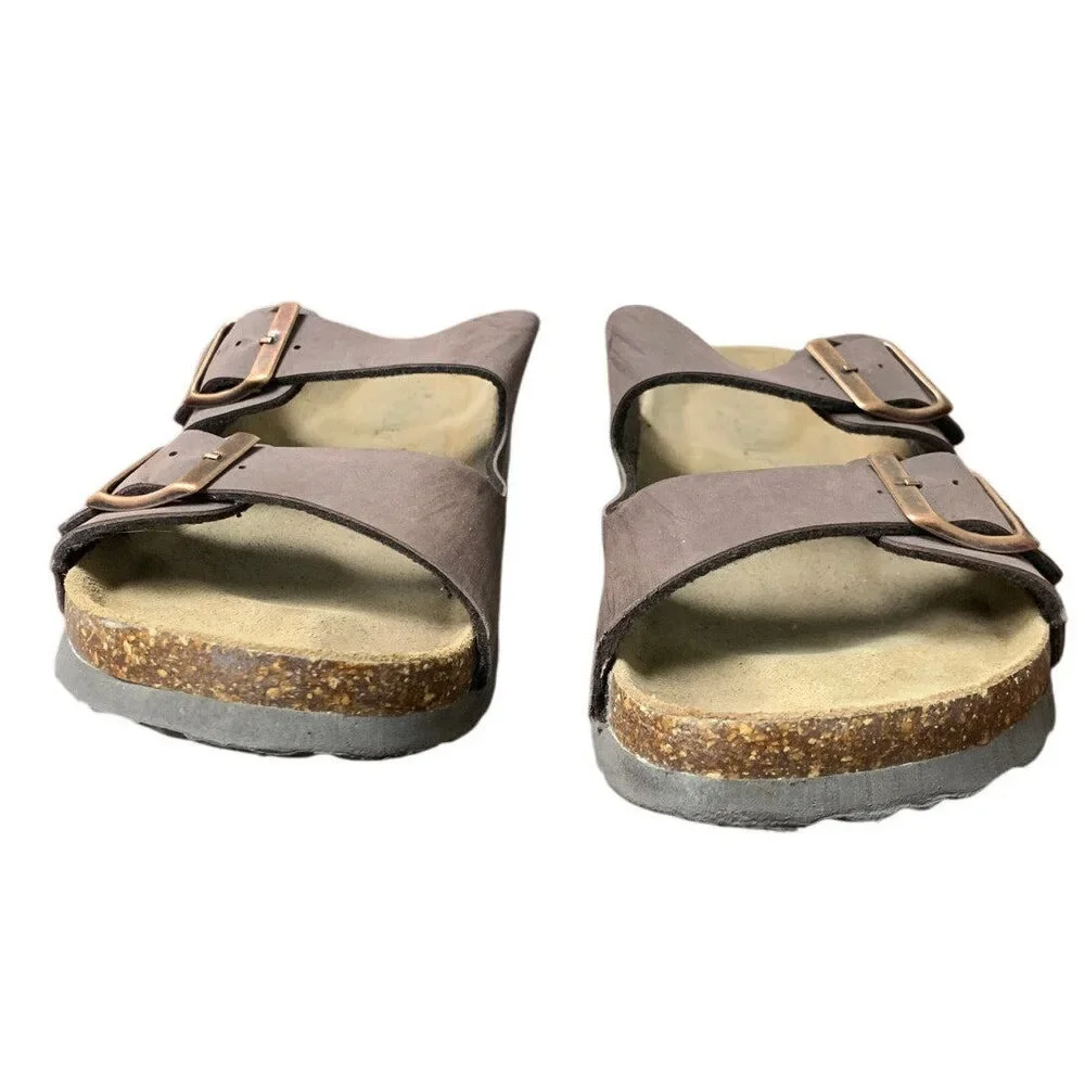 Odoly Mens Size 6.5 Womens 8.5 Brown Faux Leather Slide On Cork Sandal Shoes